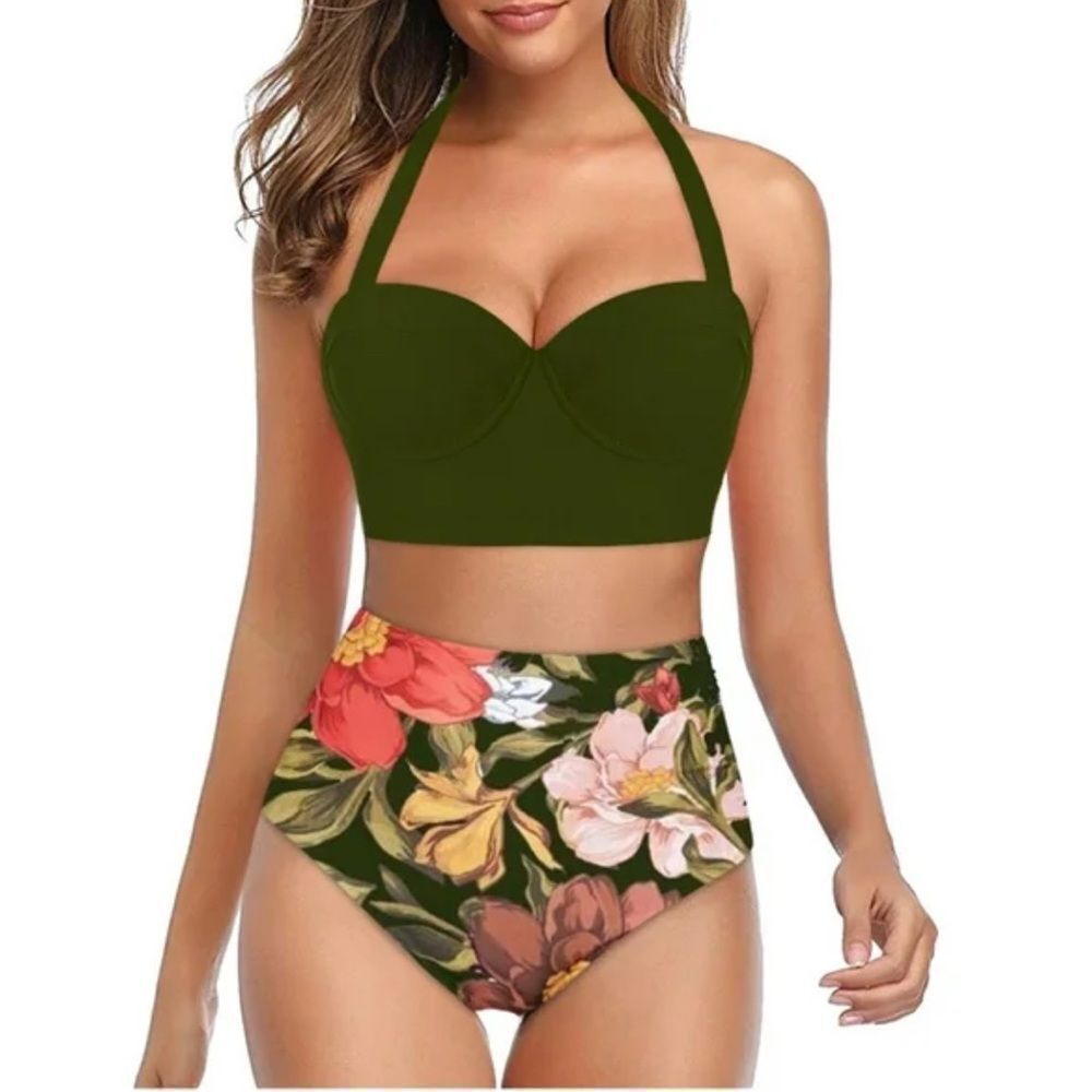 High-Waist Floral Green Bikini Set - Women Swim